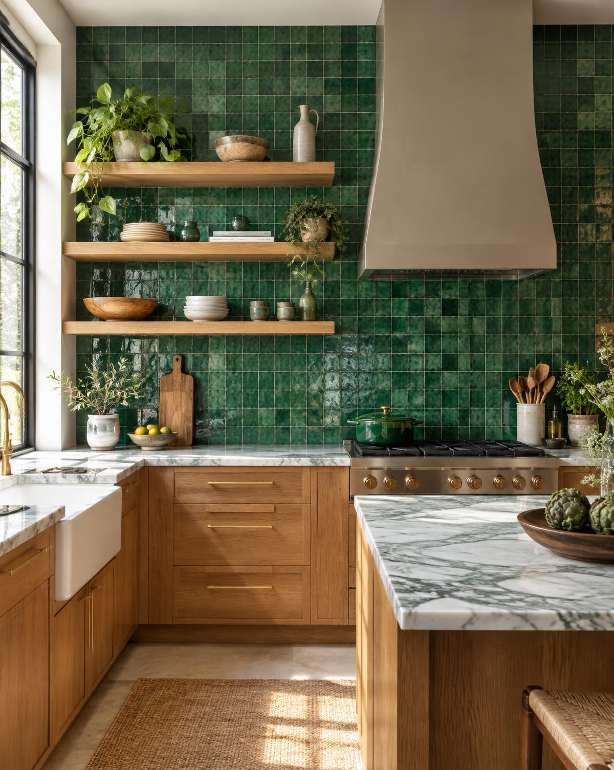 Emerald Zellige kitchen backsplash in Handmade ceramic