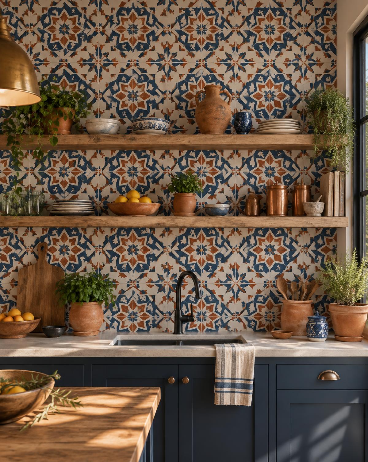 Moroccan Star kitchen backsplash in Patterned cement tile