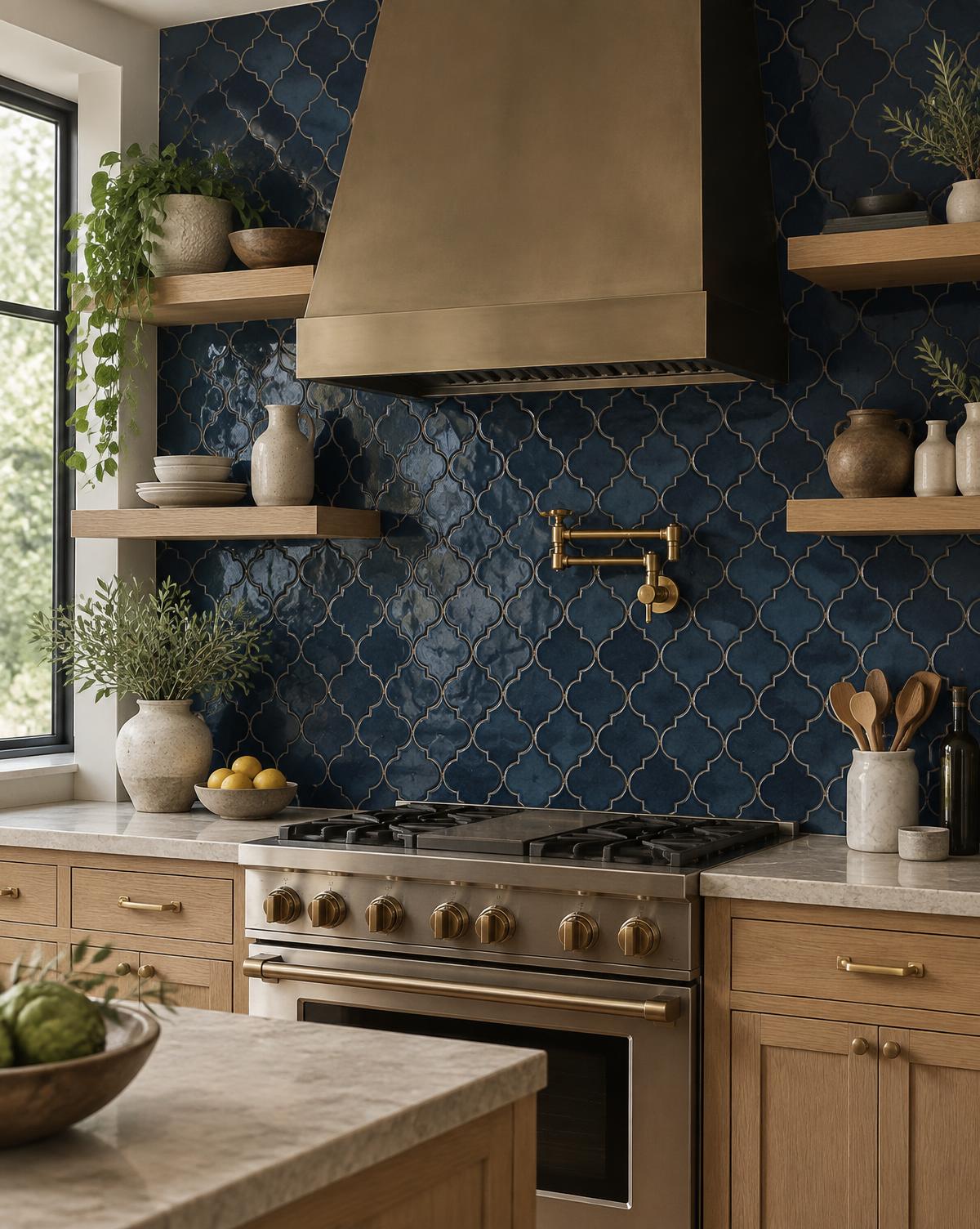 Midnight Arabesque kitchen backsplash in Glazed ceramic