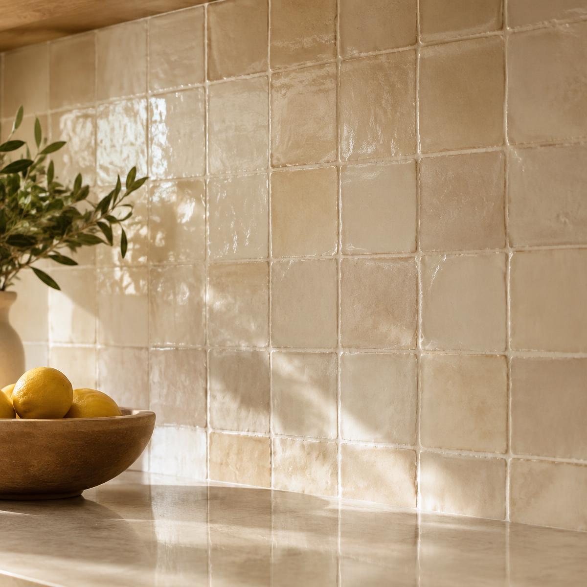 Crème Zellige kitchen backsplash in Handmade ceramic